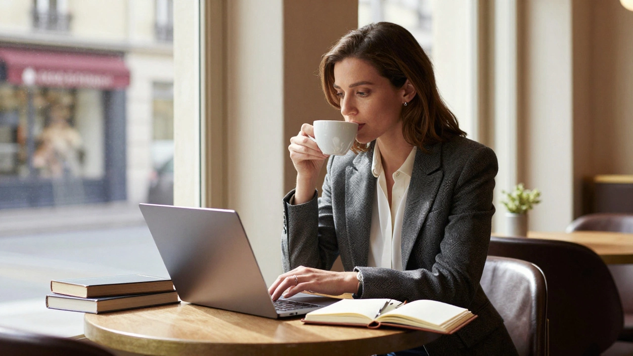 A professional woman works at a café in Saint-Germain-des-Prés, surrounded by architecture books and natural light.