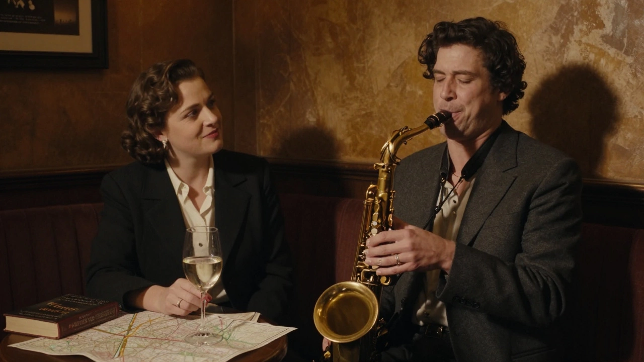 A woman and companion enjoy jazz in a dimly lit Parisian basement bar, wine glasses and books on the table.